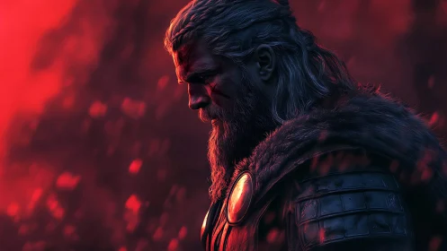 Viking warrior profile under intense red cinematic lighting.