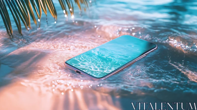 Smartphone partially submerged in shallow tropical water.