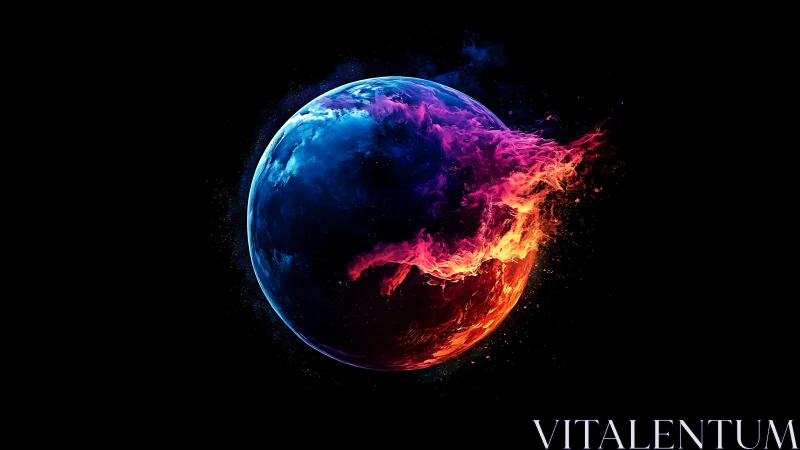 Dual-element planet erupts in blue ice and crimson fire.