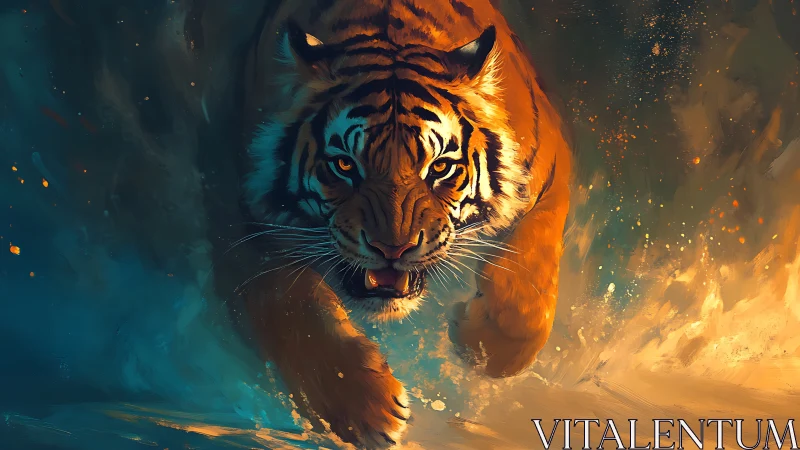 Powerful tiger charging through glowing water at dusk.