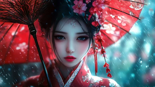Geisha portrait holds red parasol under luminous spring rain