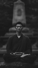 Monk in deep meditation before stone monument in grayscale.