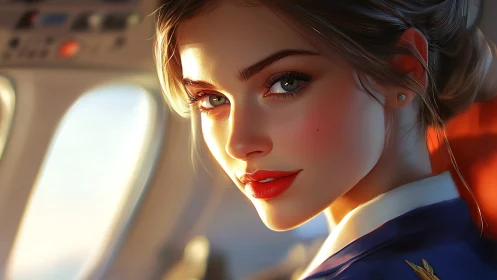 Warm cabin light on a smiling flight companion.