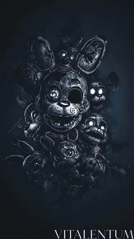 Dark cluster of damaged animatronic rabbit faces.