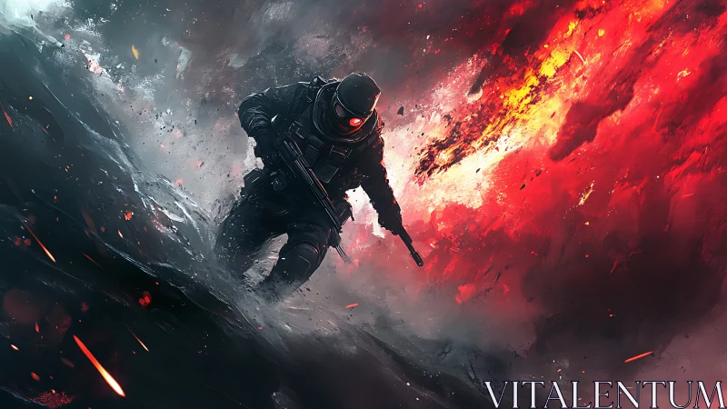 Armored soldier advancing through apocalyptic firestorm.