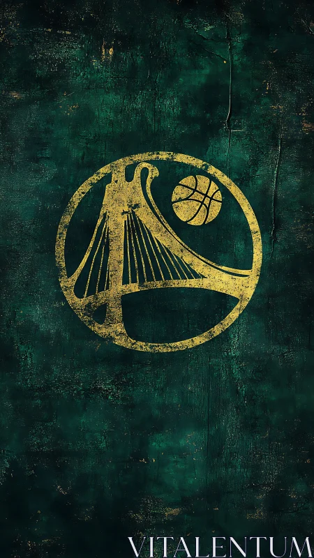 Golden basketball bridge emblem on distressed teal backdrop