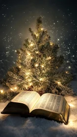 Open Bible in snow before lit Christmas tree at night.