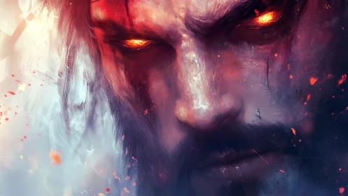 Smoldering warrior visage split by ice and embers.