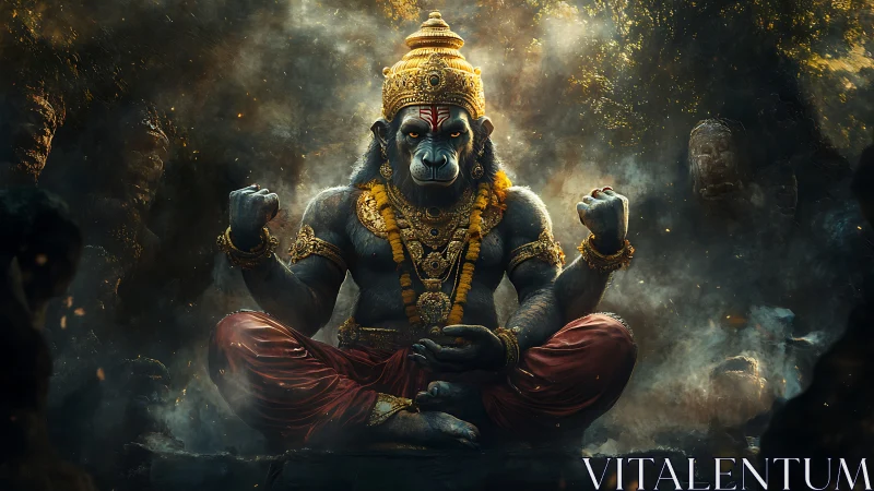 Digital painting of mythic simian deity in meditative power pose.