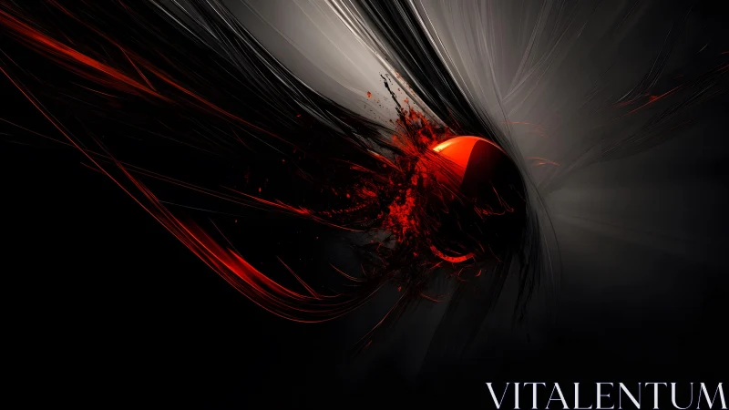 Abstract digital art with red-black sphere and dynamic streaks.