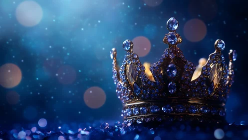 Jeweled sapphire crown glows under deep blue bokeh light.