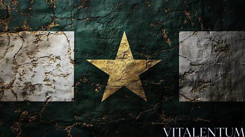 Weathered green flag and central gold star on cracked wall.