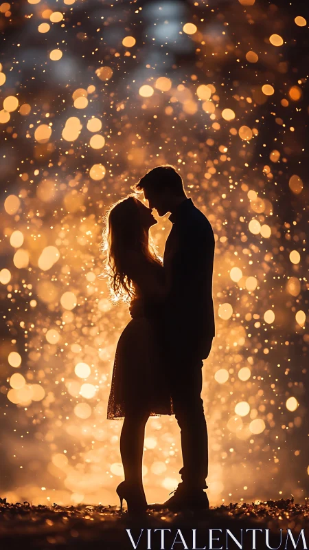 Silhouetted couple in intimate embrace with bokeh background