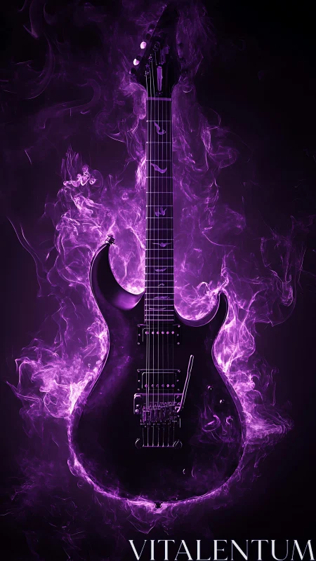 Electric guitar rises through glowing violet smoke aura.