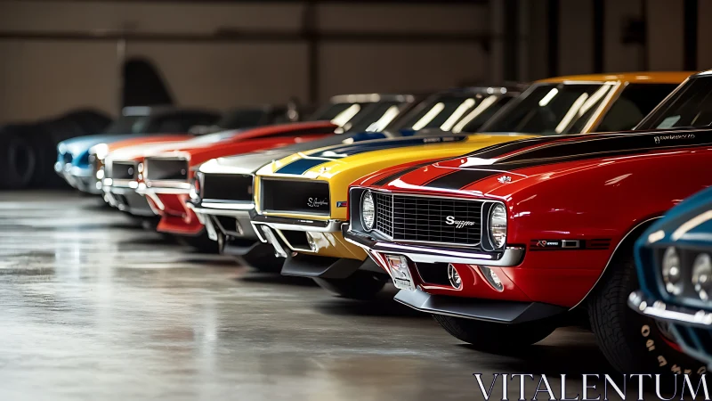 Colorful classic muscle cars lined up in a sunlit garage.