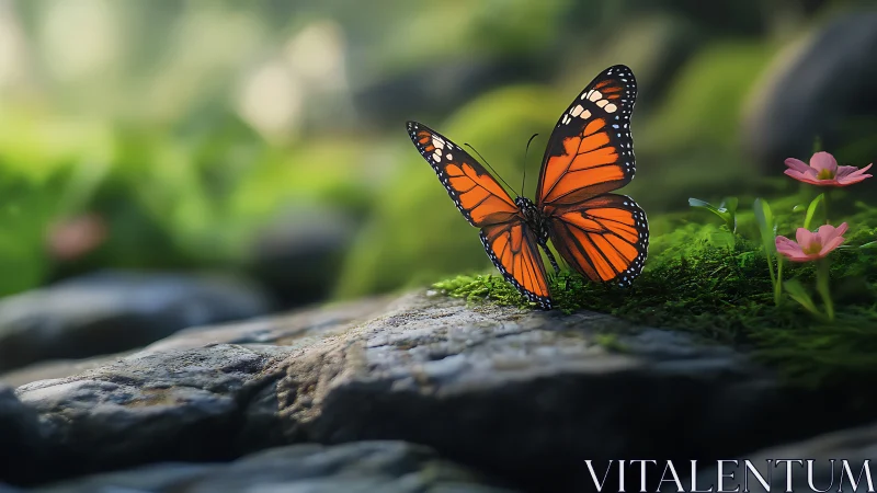 Monarch butterfly rests on mossy stone in soft bokeh woodland.
