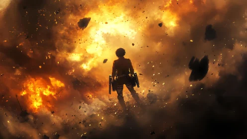 Silhouetted soldier amid volumetric fireball explosion field