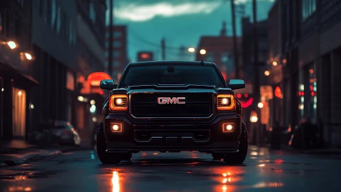 GMC pickup truck dominates wet urban street at dusk.