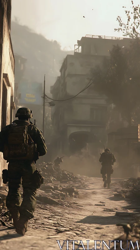 Soldiers advance through ruined city street under hazy light