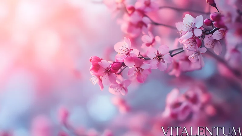 Soft pink cherry blossoms glow in dreamy spring light.