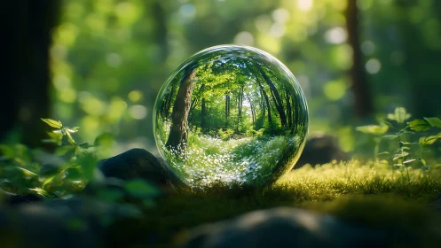 Crystal Glass Sphere Refracting Forest Canopy in Natural Light.