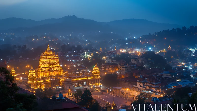 Golden hilltop temple glowing through blue monsoon dusk.