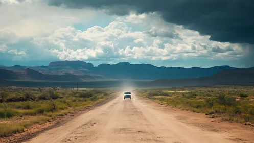 Single car on dusty desert road under storm-laden cloud shelf