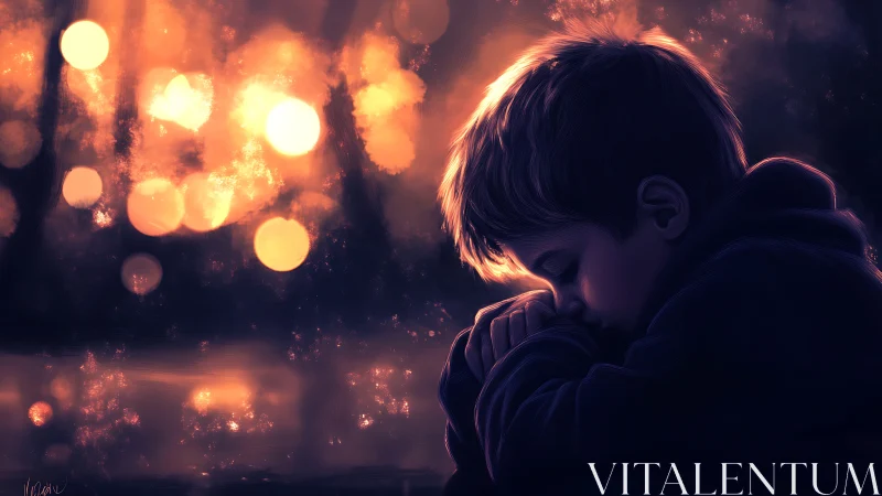 Quiet child in profile against blurred warm city lights.