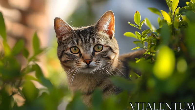 Tabby Cat with Green Eyes Among Garden Foliage.
