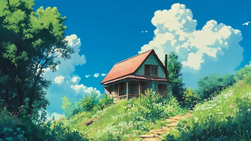 Hilltop cottage overlooks lush meadow under vivid summer sky