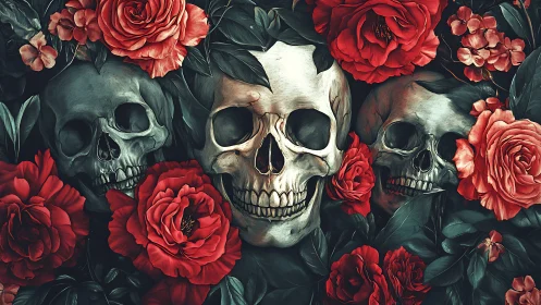 Human skulls are rendered among dense red floral elements