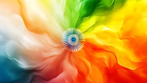 Tricolor vortex radiates around stylized central wheel emblem.