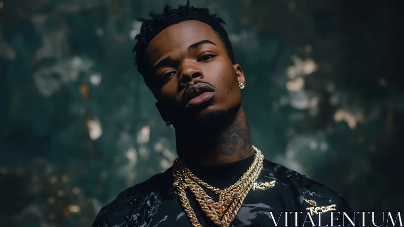 Confident portrait of stylish man in gold chains and black tee.