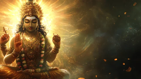 Seated multi-armed deity figure amid radiant golden field.