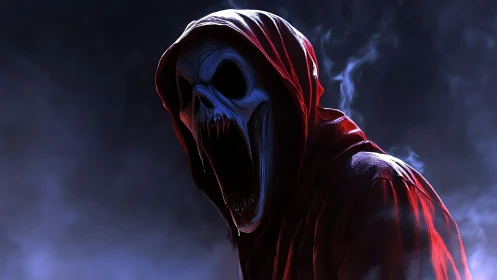 Hooded skeletal wraith screams amid dense swirling shadows