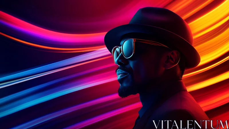 Stylish man in hat framed by neon light trails in profile