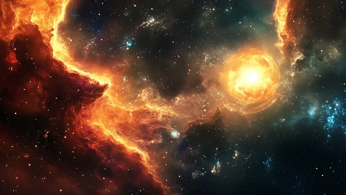 Golden star nursery swirling in a storm of cosmic fire.