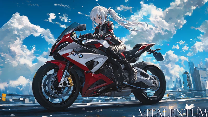 Sky-high rider with silver hair astride crimson superbike.