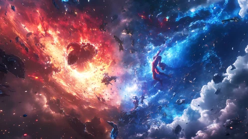 Cosmic figure drifts between fiery chaos and tranquil starlit void