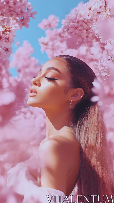 Soft-lit portrait of woman amid saturated pink blossoms, side profile