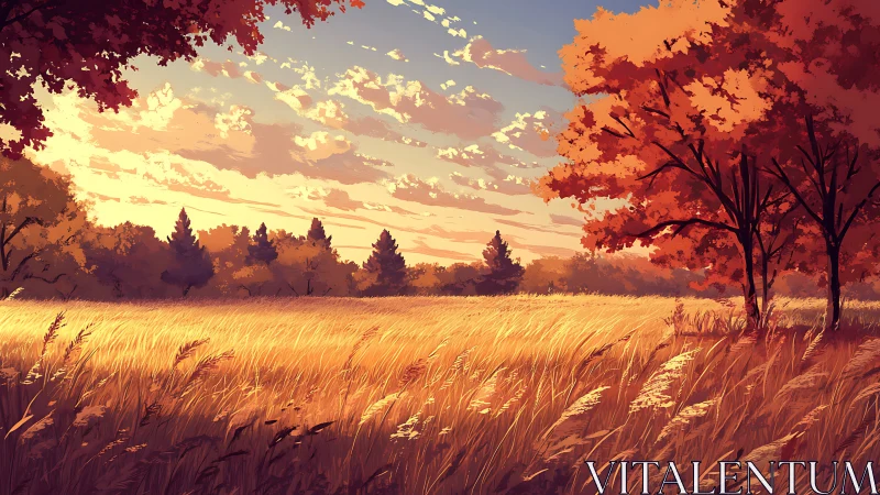 Autumn grassland under evening sky with distant tree line.