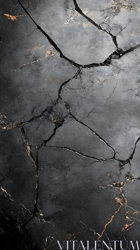 Cracked dark stone surface displays irregular fracture network