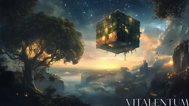 Floating luminous cube above misty fantasy cliffs at dusk.