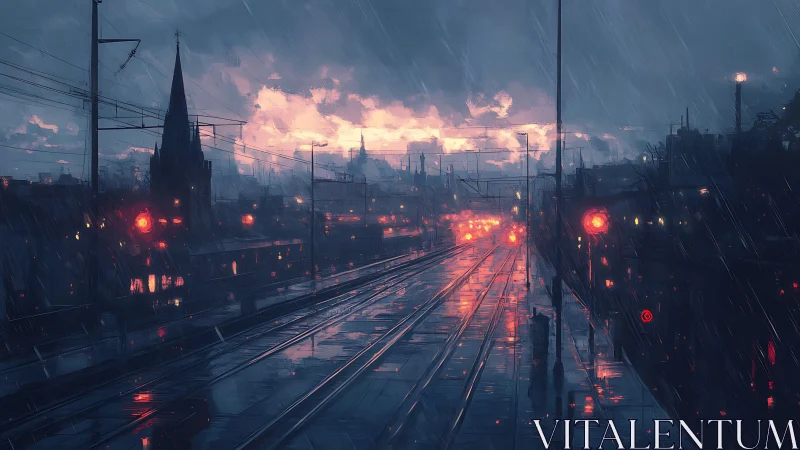 Rain-soaked urban railway at dusk with glowing signal lights.