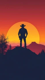 Bold cowboy silhouette welcomes a glowing desert sunset