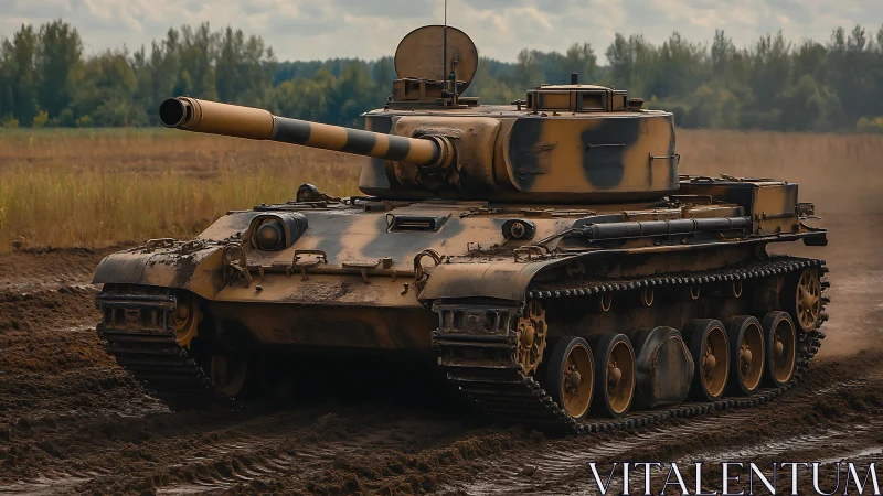 Historic battle tank rolling across muddy training field.