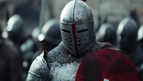 Armored medieval knight stands in formation with round shield