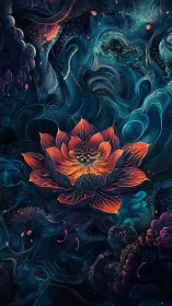 Luminous orange lotus over abstract blue cosmic backdrop.
