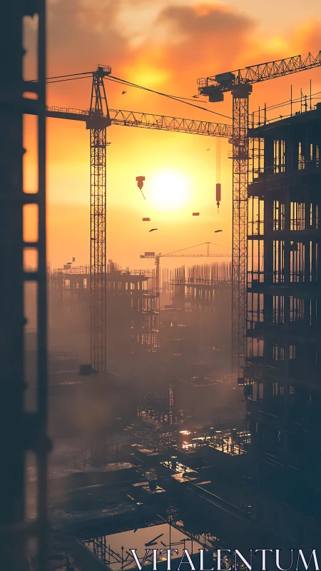 Urban high‑rise construction cranes in sunset backlight.
