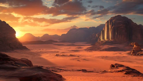 Sun-drenched crimson desert with cathedral cliffs aglow.
